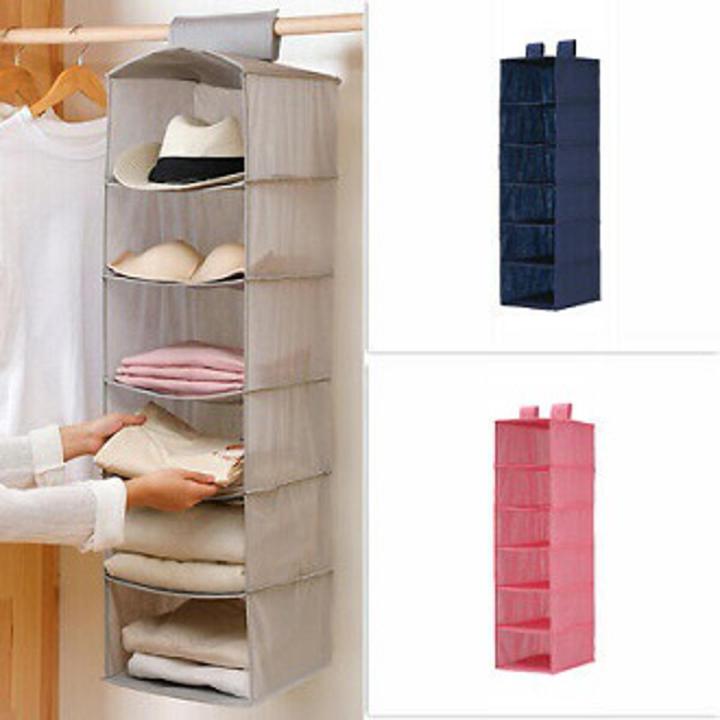 Home Storage Organization Multi-layer 6-shelf Polyester fabric wardrobe clothing closet hanging mesh sorting organizer