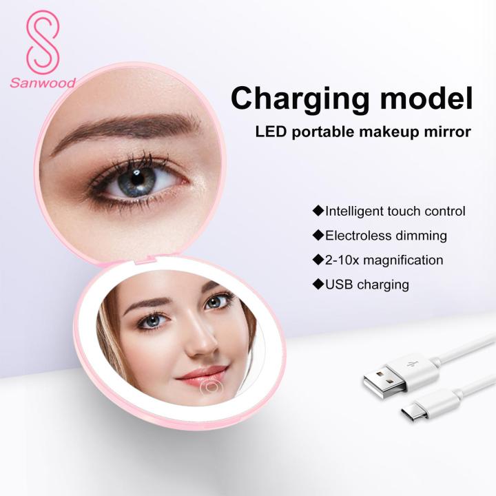 Battery-powered Makeup Mirror Portable Led Makeup Mirror Rechargeable 10x Magnification Travel Vanity Mirror for Women Double-sided Round Purse Mirror with Light Ideal for Southeast Asian Buyers