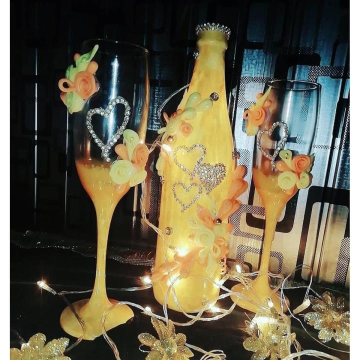 Pack of 3 decorative bottles and glass,  handmade home decor item