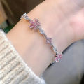 Fashion Exquisite Pink Crystal Flower Bracelets For Women Girls Sweet Sparkling Light Luxury Bracelet Party Jewelry Gift Qoddess. 