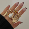 New 2026 6Pcs/Set Vintage Flower Metal Rings Baroque Imitation Pearl Ring Female Niche Exaggerated Open Ring Fashion Jewelry Rings. 