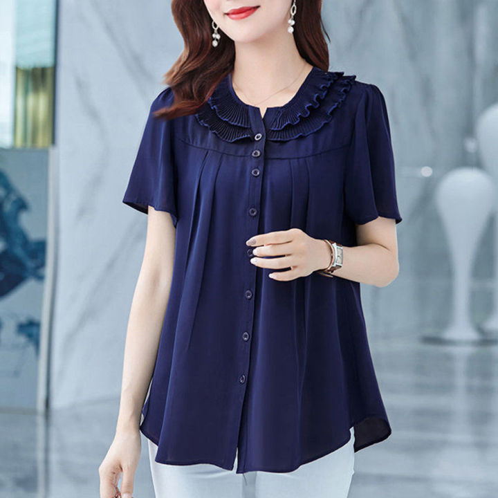 bellylady%20Summer%20Large%20Size%20Blouse%20For%20Women%20Short%20Sleeves%20Loose%20Chiffon%20Shirt%20Simple%20Solid%20Color%20Elegant%20Cardigan%20Tops%20-%20Image%203