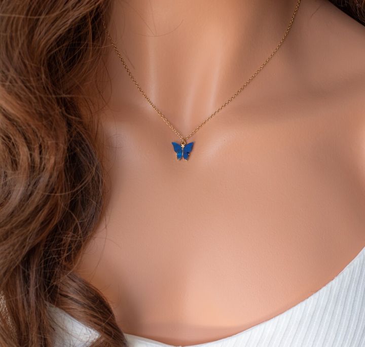 Cute dark blue acrylic butterfly necklace for women gold color