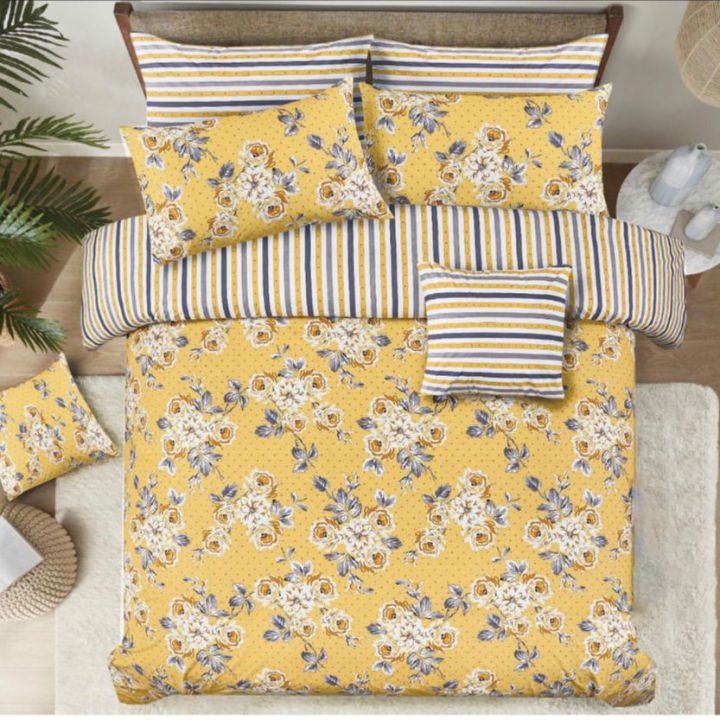 Yellow Pure Cotton Floral King Size Bed Sheet