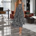 ECHIDNA Party Dress Soft Sleeveless Leopard Print Element Swing Tank Top Long Dress. 