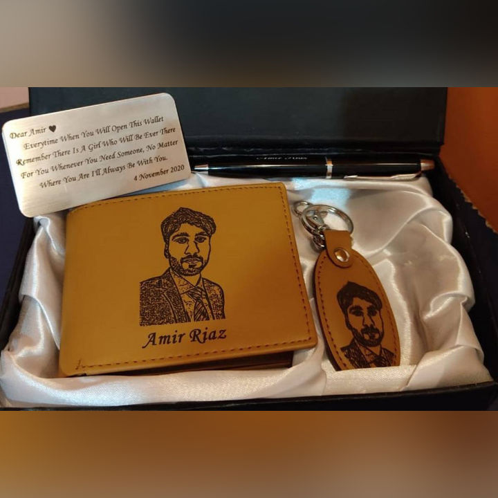 Customize Name & Picture Wallet Set with Pen, Key Chain & Message Plate