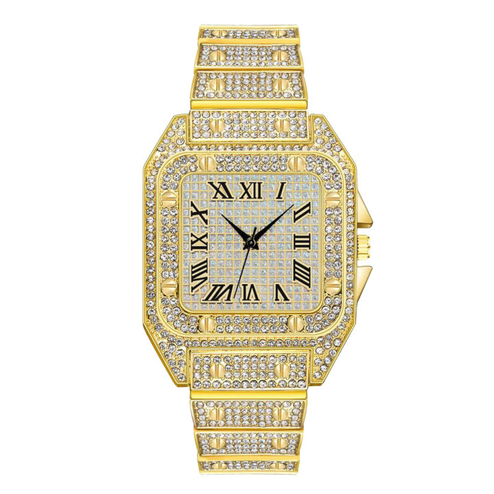 New Hip Hop Iced Out Men Watch Luxury Diamond Square Roman Dial Quartz Wrist Watches Steel Clock Relogio Masculino Drop Shipping