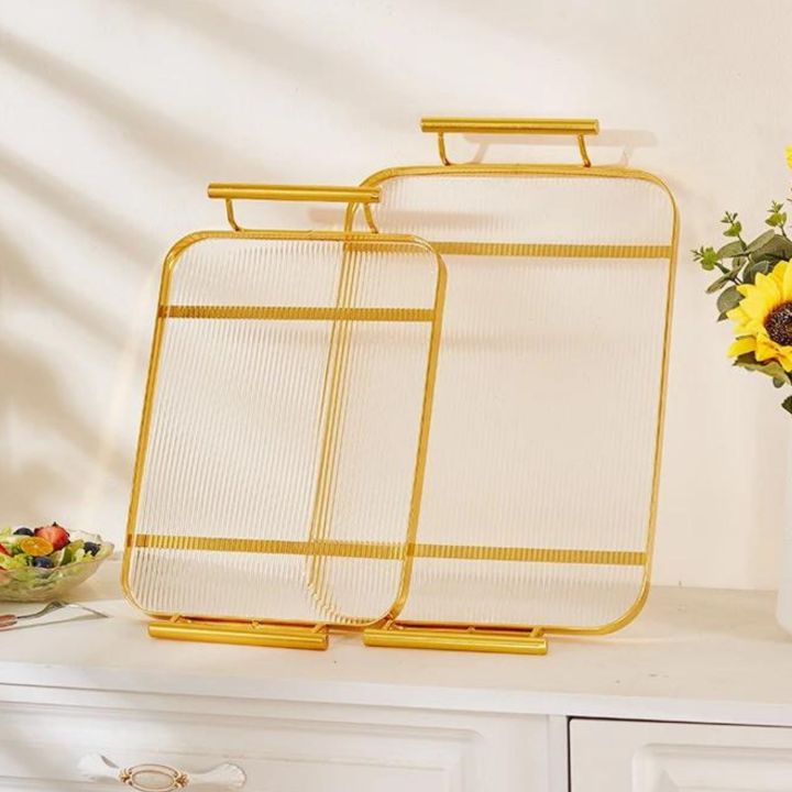 Set of 2 Acrylic Tray With Handles, Nordic Rectangular Storage Box Tray Home Kitchen Living Room Plastic Storage Tray Simple Cake Cup Tray, Rectangular Organizer, Golden, Metal Edge Acrylic Tray, Dinner Plate, Wind Fruit Snack Tray Nordic Style Restaurant