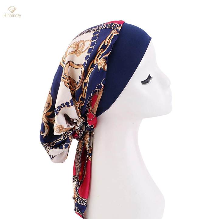Multifunction Women Beanie Hat Printed Headscarf Hair Care Artificial Silk Headwear Hair Cover Soft for Cancer Hair Loss Gym Sleep Festival , Chain Navy
