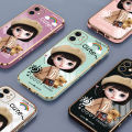 Luxury 6D Plating Soft Casing Silicone Square Frame Phone Case For OPPO A12 Case Shiny Bling Back Cover Cute Girl With Shoulder Bag Square Edge Pattern Design Soft Case + Free Lanyard. 