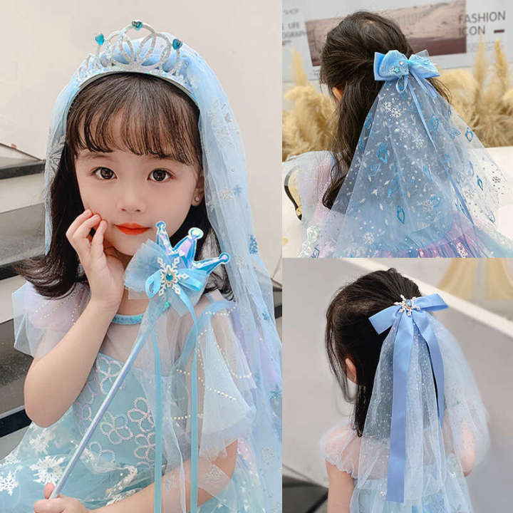 Elsa Headwear Girl Ice and Snow Fantasy Hair Accessories Crown Headdress Magic Stick Princess Bow Wig Hairpin