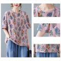 Women Loose Shirt Plus Size Short Sleeves Tops Round Neck Pullover Floral Printing Blouse. 