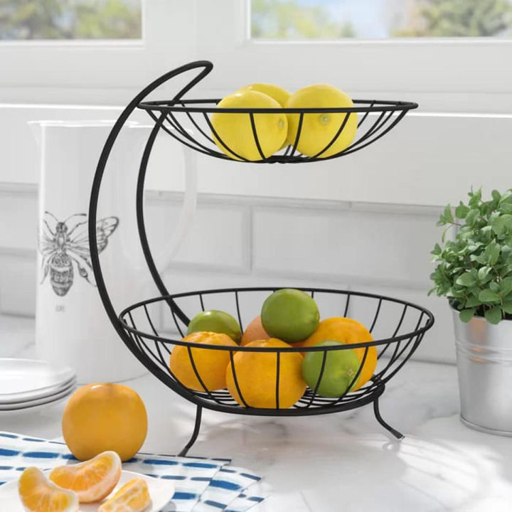 High quality double layer Iron fruit basket for kitchen in black, Fruit basket stand for dinning table, Multi-functional drainage basket for home and kitchen accessories organizer