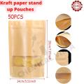 14X20 cm (Pack of 50/25/15pcs)-brown kraft paper stand up pouch-Kraft Bags with Window Stand Up Ziplock Seal Paper Bag Resealable- food Grade Kraft paper stand up Pouches. 