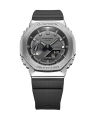 Casio G Shock Metal Covered Silver/Black Round Analog+Digital World Time Multi-Function Black Resin Band Watch-GM-2100-1ADR. 