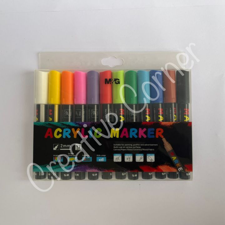 MandG Acrylic Paint Markers | Round body with 2.0 mm fine tip | Waterborne pigment ink | Fade-resistant | Available in12 assorted colors | Available in Pack of 12 pieces |