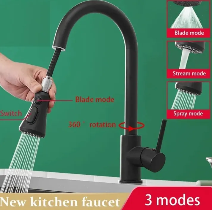 New Black Kitchen Faucet – 3-Way Mixer Tap with 360° Pull-Out Sprayer ...