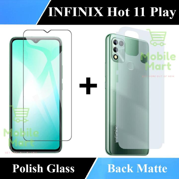 Infinix Hot 11 Play Glass Protector Polish Screen Tempered + Back Protector Carbon Fiber Matte Soft Skin Sheet For Infinix Hot 11 Play
