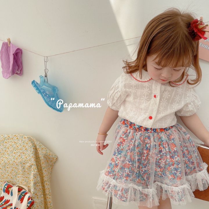 Fanma Korea children's clothing clearance summer Korean version of girls embroidered fabric doll collar shirt floral half-gauze skirt set