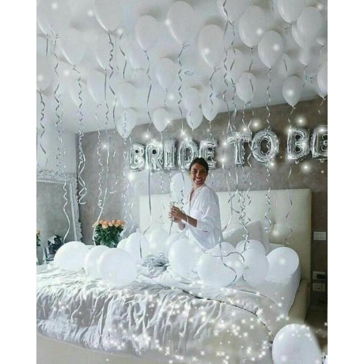 Bride to be package theme white. Bride to be 9 letters foil balloons (silver).Pack of 100 white latex balloons.