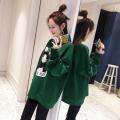 Korean Fashion Medium And Long Clothes Female Autumn Dress Korean Version Loose Thin Cartoon Print Round Collar Bf Student Coat. 