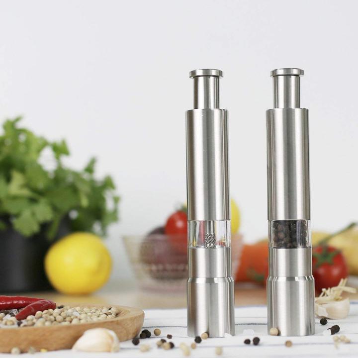 1 Pc Salt and Pepper Grinder, Stainless Steel Push Button Grinder Modern Design Thumb Grinder, for Black Pepper, Sea Salt and Himalayan Salt, Spice and Salt (Silver)