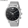 Emporio Armani  Stainless Steel Mesh Silver Case Black Dial Chronograph Men's WatchAR8032. 