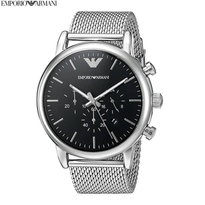 Emporio Armani  Stainless Steel Mesh Silver Case Black Dial Chronograph Men's WatchAR8032