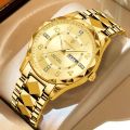 Watch for Men Stainless Steel Strap Quartz Watch Business and Luxury Style Gold with Diamond Dial and Calendar Multiple Colors. 