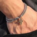 【IKE】Fashion Double Chain Cross Hollow Stainless Steel Wrist Bracelets Lobster Claw Clasp Bracelet Hip Hop Punk Party Mens Jewellery. 