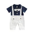 Baby Boy's Romper, Lapel Collar Short Sleeve Bow-Tied Plaid Printed One Piece Patchwork Jumpsuit. 