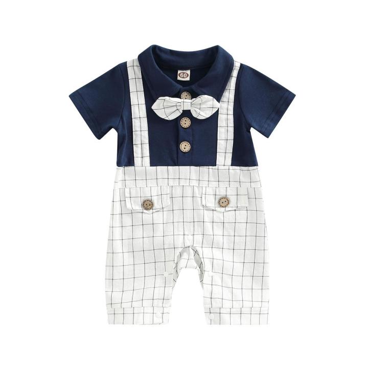 Baby Boy's Romper, Lapel Collar Short Sleeve Bow-Tied Plaid Printed One Piece Patchwork Jumpsuit