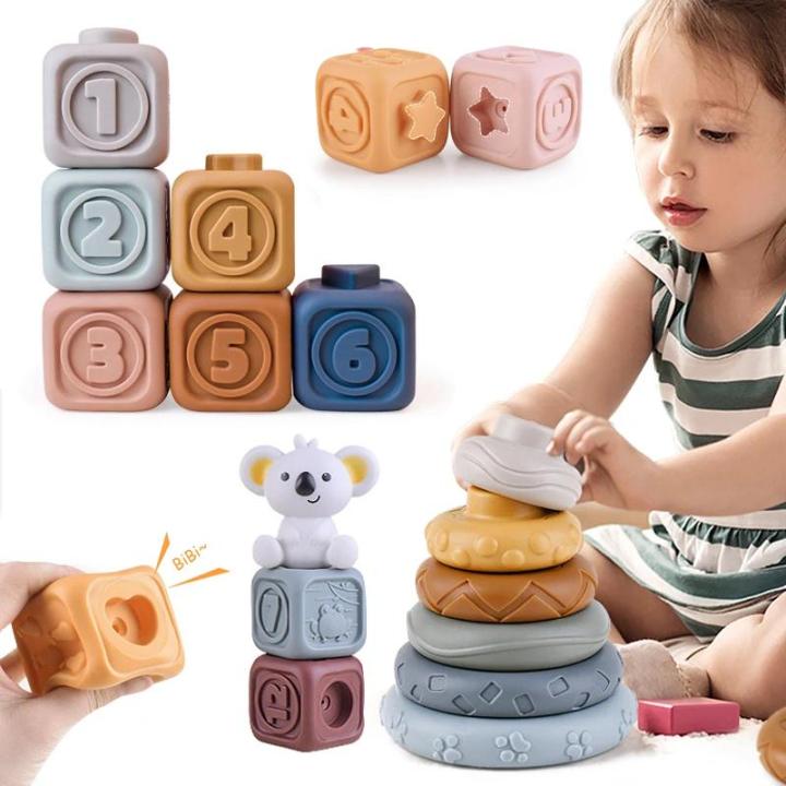 Baby Silicone Building Blocks Montessori Toys for Babies Squeeze Stacker Teething Toys Early Learning Toy Toddler Boys Girls