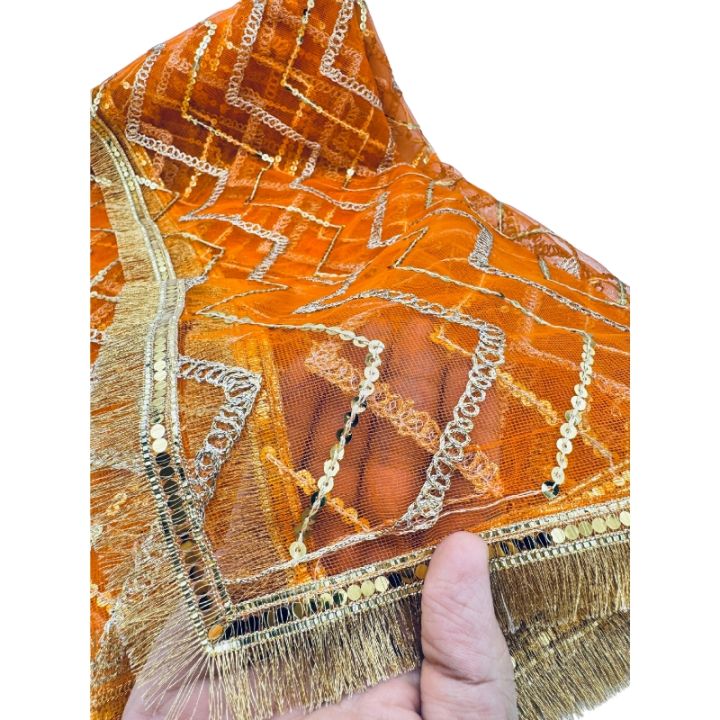 ORANGE COLOR ORGANZA DUPATTA WITH GOLDEN LACE