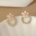 Korean Jewellery Blossom Pink Flower Zircon Stud Earrings for Girls | S925 Needle | S925 Needle Earings For Birthday Wedding Anniversary | For All Occasions. 
