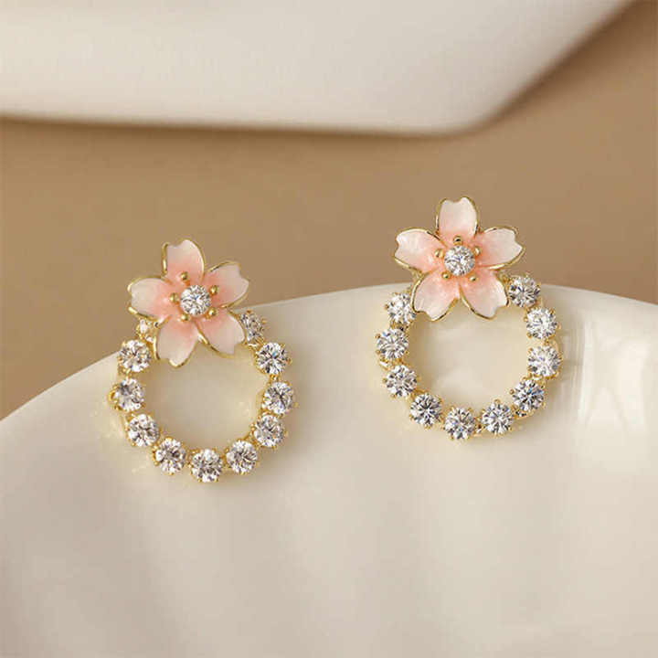 Korean Jewellery Blossom Pink Flower Zircon Stud Earrings for Girls | S925 Needle | S925 Needle Earings For Birthday Wedding Anniversary | For All Occasions