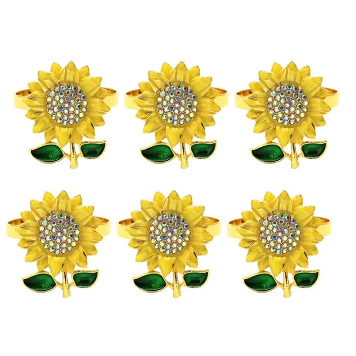6PCS Napkin Rings Sunflower Holder Diamond for Christmas, Birthday