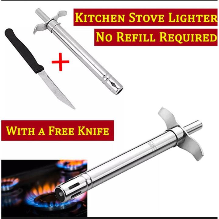 Kitchen Lighter for Gas Stove with Knife Free - No Refill Needed - Gas Lighter Metallic Kitchen Gas Stove Lighter, Stainless Steel, No Batteries, No Cells, No Refill Required, Pulse Ignitor,