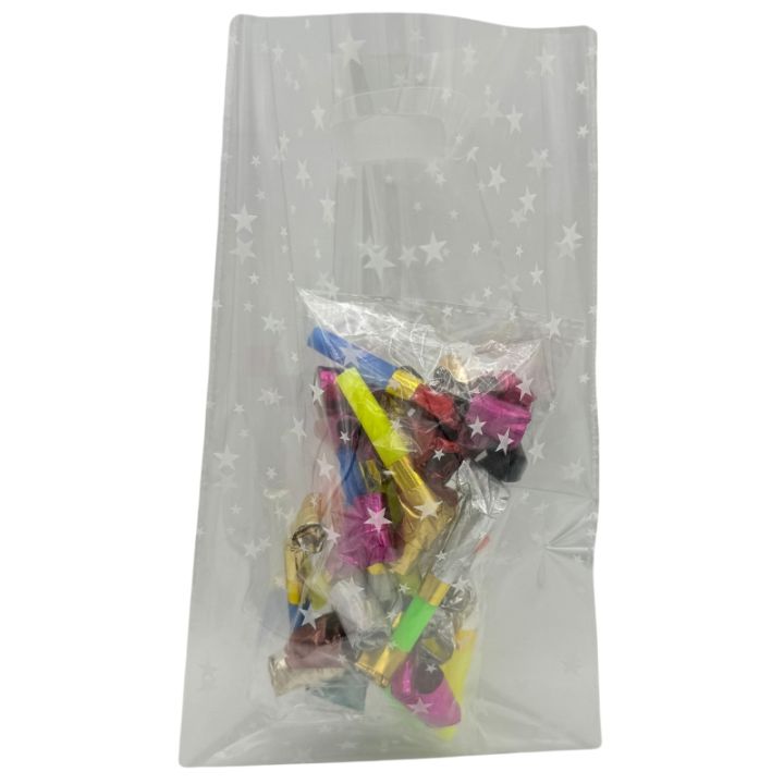 TRANSPARENT GOODY BAGS WITH WHITE STARS - PACK OF 10 GOODY BAGS