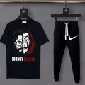 Pack Of 3 Money Heist Printed Track Suit For Men Black T Shirt Trouser And Shorts Set Casual Loungewear. 