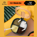 4 in 1 Kitchen Spice Box with Spoon – 4 Grid Partition Masala Container, Seasoning Jar Set, Plastic Spice Storage Organizer for Salt, Pepper & Condiments. 