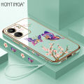 Hontinga for Redmi 13C Xiaomi Poco C65 Back Cover With Free Strap Luxury 6D Plating Pretty butterfly Side Pattern Case Soft Silicone Square Mobile Cover. 