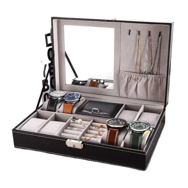 Jewelry Box 8 Slots Watch Organizer Storage Case PU Leather with Lock Hanging Hooks and Mirror for Men Women