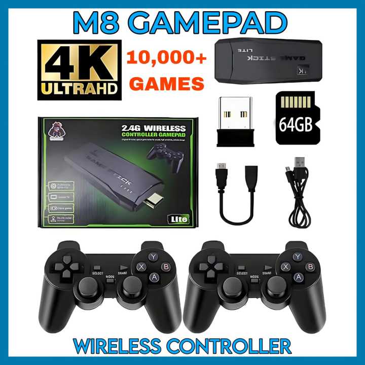 M8 Wireless Retro Game Console - Plug and Play Video Game Stick - Built in 10000+ Games - 9 Classic Emulators - 4K High Definition HDMI Output for TV with Dual 2.4G Wireless Controllers (64GB)