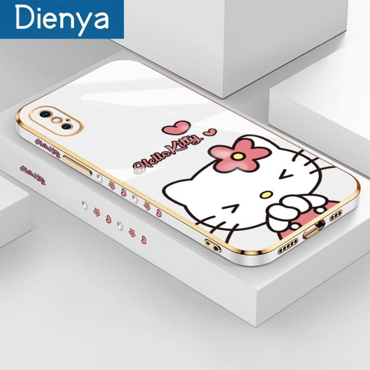 dienya For IPhone Xs Max Case New Design Side Square Edge Phone Case Pattern Plating Silicone Casing Cartoon Kitty Full Cover Camera Shockproof SoftCase Protection Cases