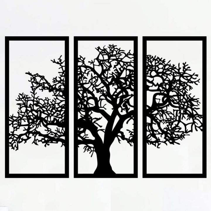 Wooden Tree Wall Art Deco 3 Pieces Black High Quality Gift Ideas Modern Nature Home Office Decor