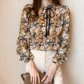 Yfashion Women Floral Printing Shirt Chiffon Long Sleeves Tops Bowknot Stand Collar Ruffle Blouse color. 