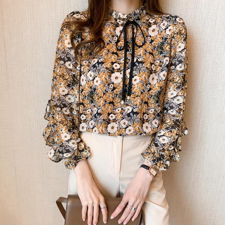 Yfashion Women Floral Printing Shirt Chiffon Long Sleeves Tops Bowknot Stand Collar Ruffle Blouse color