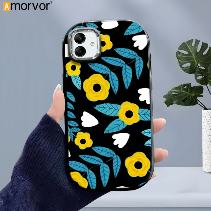 AMORVOR for Samsung A04 Mobile Cover Vintage Style Flowers Pattern Luxury Plating Back Cover Metal Lens Soft Silicone Phone Case