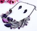 Elegant Purple Peacock Enamel Necklace Stud Earrings Set. 